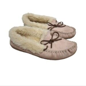 J. Crew Leather Faux Fur Shearling Moccasin Pink Brown Slippers 8